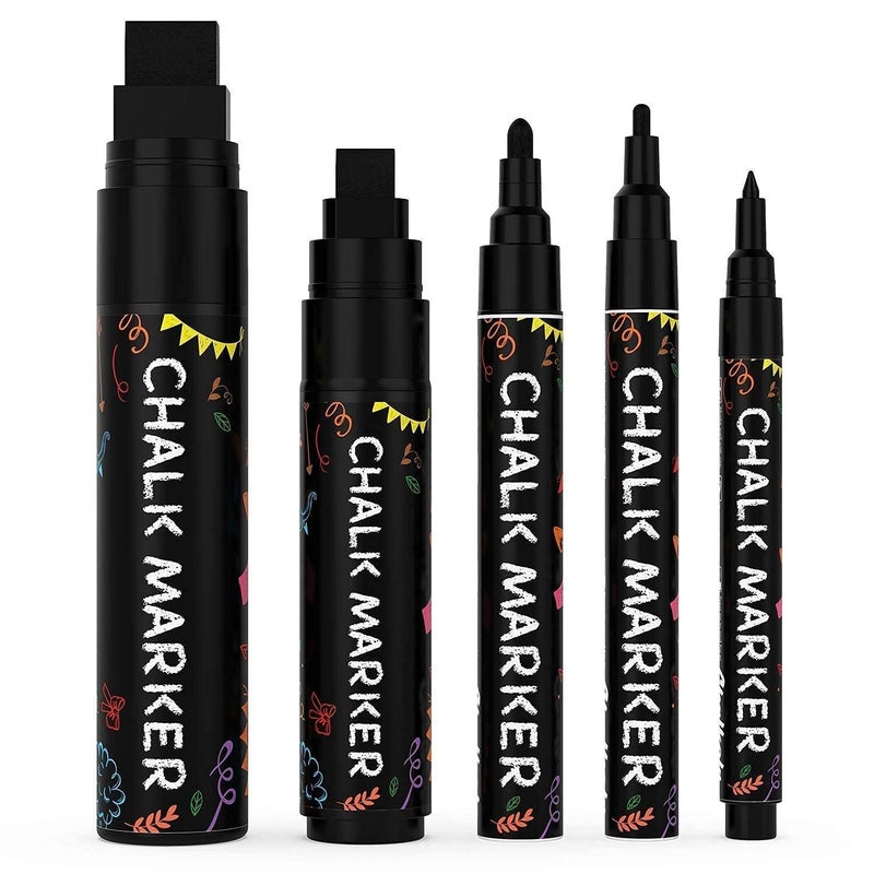 Chalkola 5 Black Chalkboard Chalk Markers - Black Dry Erase Markers for Blackboard, Chalkboard Signs, Windows, Glass | Variety Pack - Fine & Jumbo Size Ink Pen (1mm, 3mm, 6mm, 10mm, 15mm) - Image 1